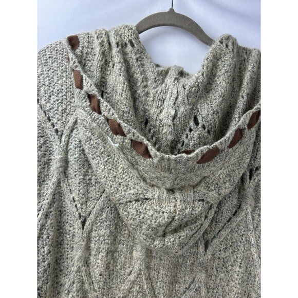 POL Cardigan Sweater M Beige Faux Suede Cable Hood Duster Long Boho Western` - Picture 10 of 16